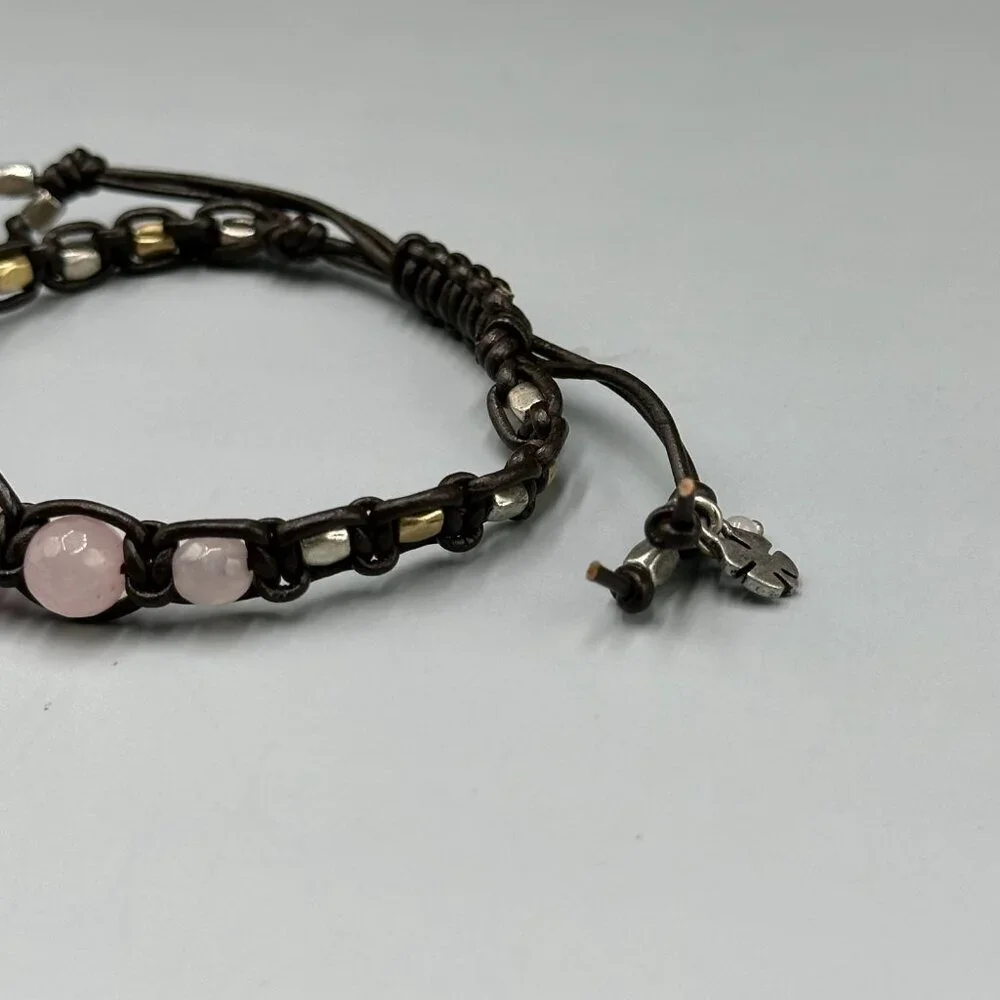 Lucky Brand Pink Rose Quartz Beaded Brown Leather Bracelet Adjustable Cord